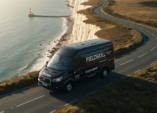 About us Fieldskill van on east coastline road with lighthouse in background