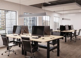 About us Bright ergonomic office with computer screens